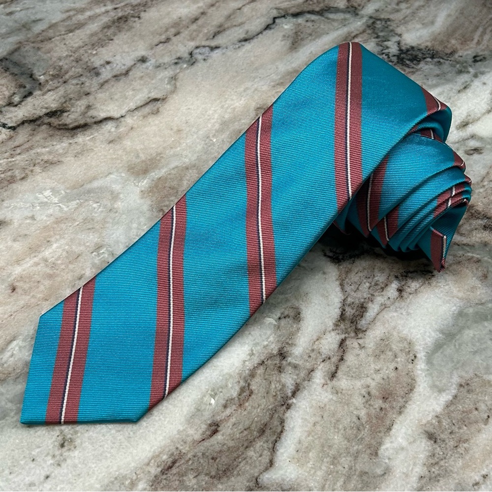 Ferrell Reed Rep Stripe Aqua Turquoise Mauve Silk Made In England Neck Tie